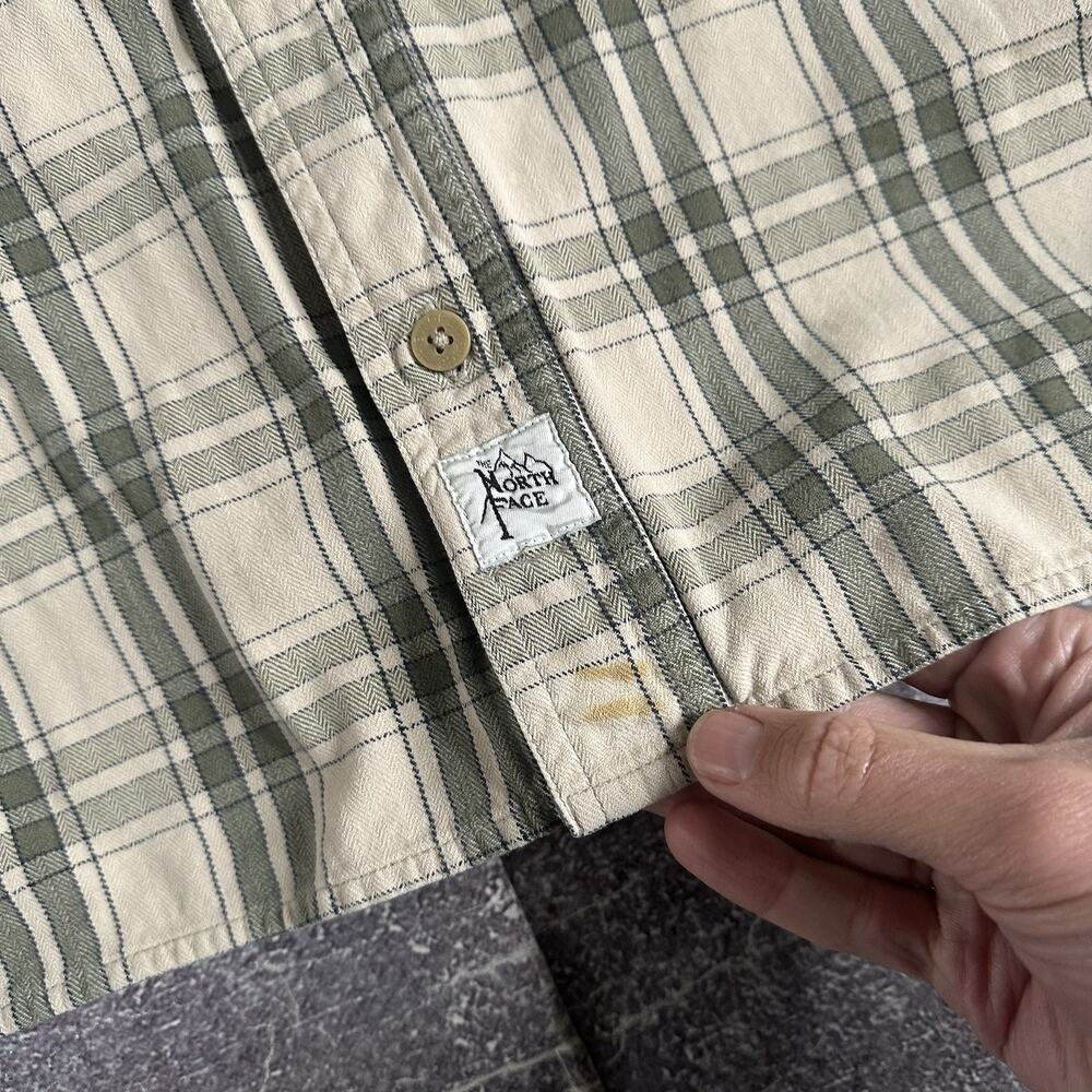 Men's Vintage Y2K The North Face Beige Green Cotton Flannel Button Up Shirt Sz L - Picture 2 of 4